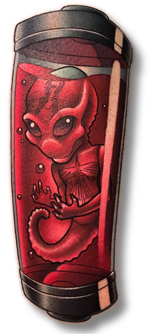 color tattoo of an alien in a test tube by Connecticut tattoo artist, Joe Swider